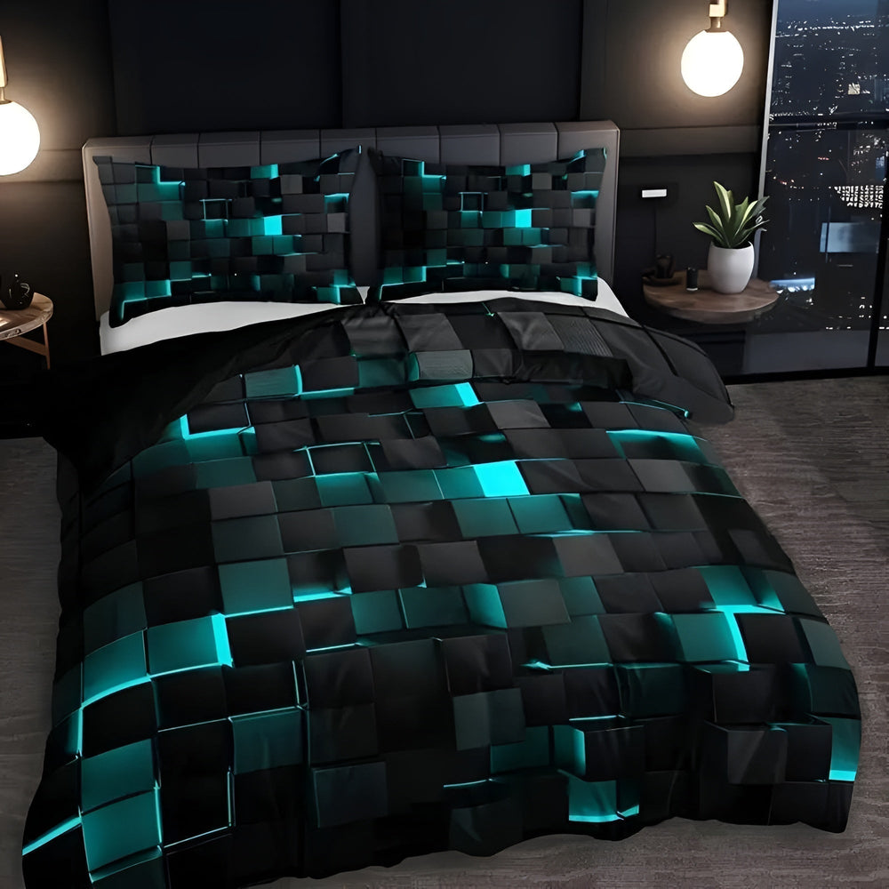 3D Grid Gaming Bedding Set – Microfiber Cotton Blend, Breathable, Multiple Sizes