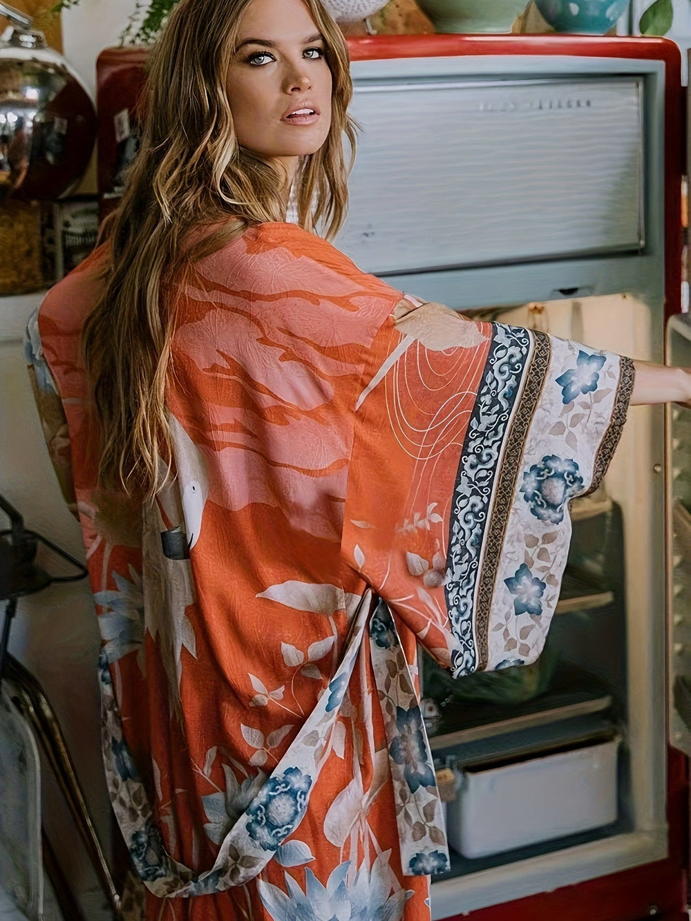 Isabella – Red Floral Print Kimono