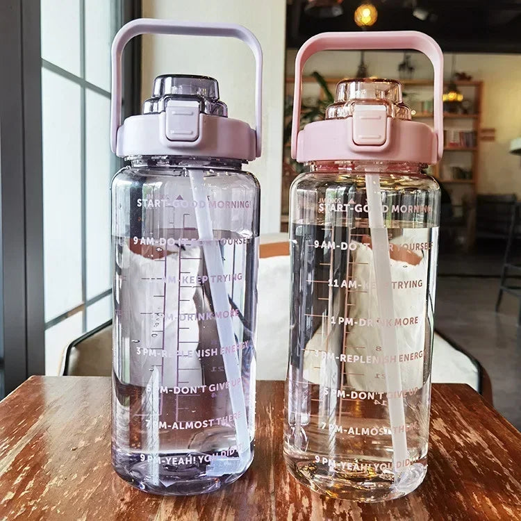 2L Portable Water Bottle with Straw & Time Marking - Ideal for Sports & Fitness Hydration
