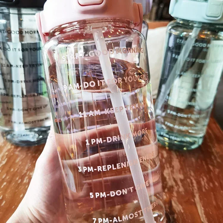 2L Portable Water Bottle with Straw & Time Marking - Ideal for Sports & Fitness Hydration