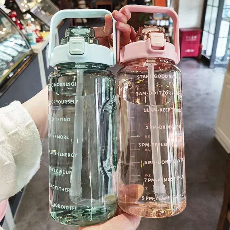 2L Portable Water Bottle with Straw & Time Marking - Ideal for Sports & Fitness Hydration