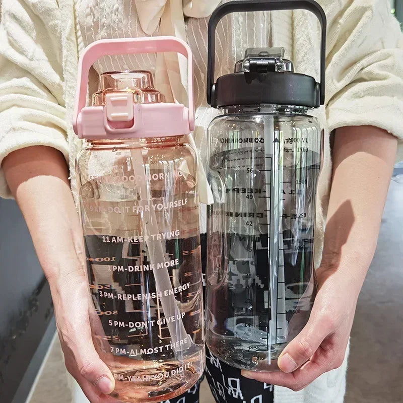 2L Portable Water Bottle with Straw & Time Marking - Ideal for Sports & Fitness Hydration
