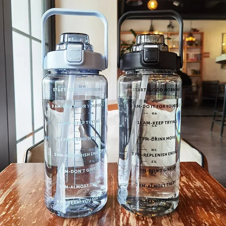 2L Portable Water Bottle with Straw & Time Marking - Ideal for Sports & Fitness Hydration
