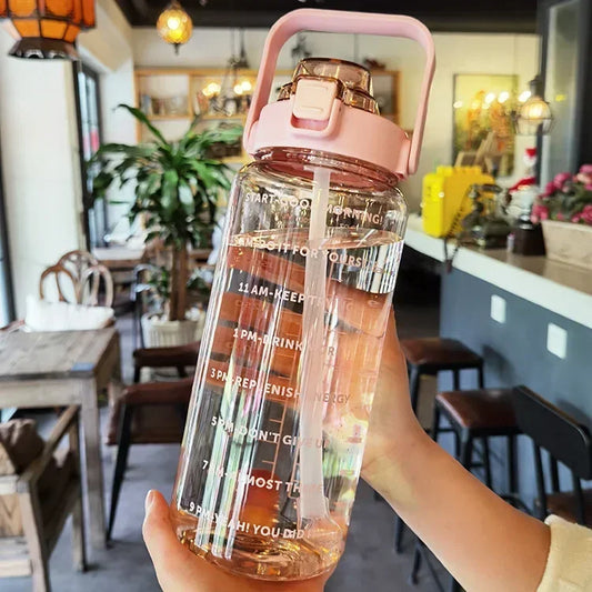 2L Portable Water Bottle with Straw & Time Marking - Ideal for Sports & Fitness Hydration