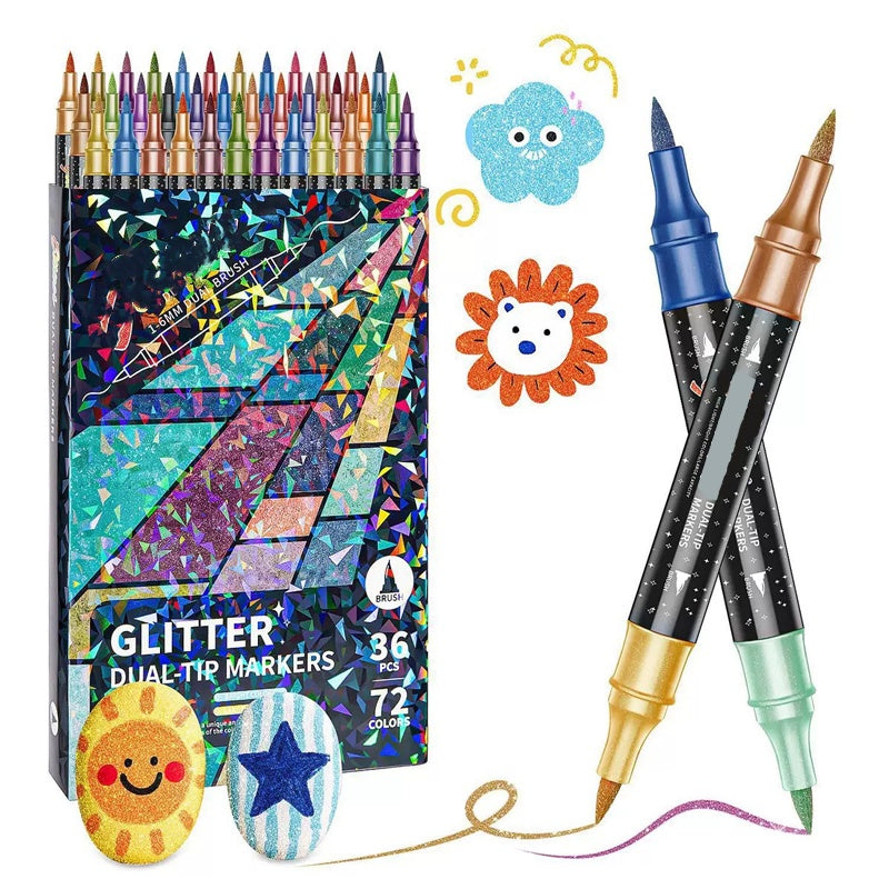 Dual-Tip Glitter Marker Pens – Brush & Fine Tip, Non-Toxic Water-Based Ink