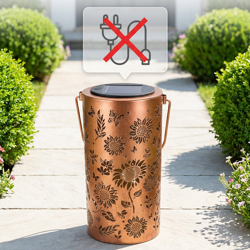 Solar Garden Lantern – Sunflower Pattern, LED Light & Weatherproof Metal