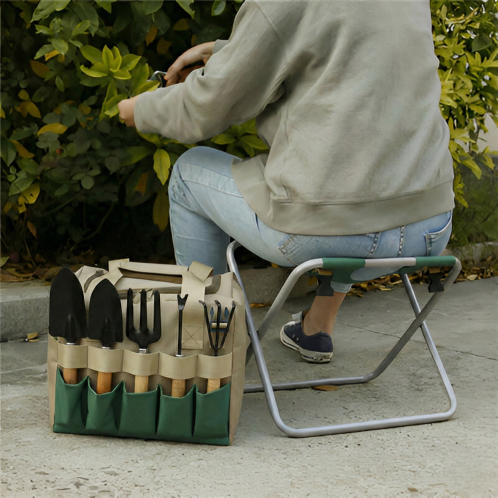8-Piece Garden Tool Set – Stainless Steel, Folding Stool & Carry Bag