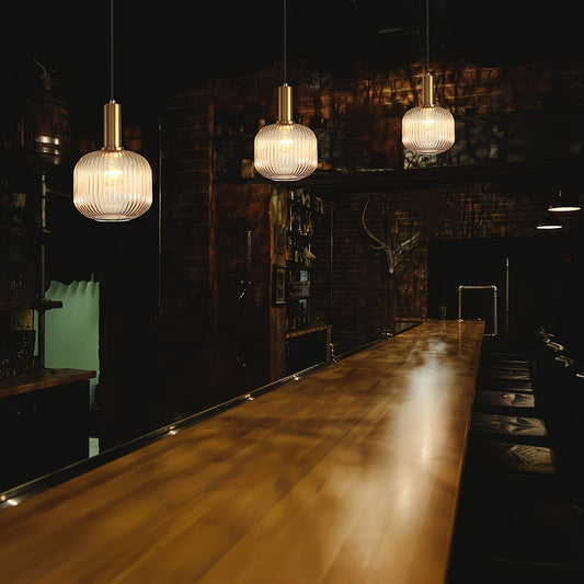Striped Glass Pendant Light – Modern Style, Brass Finish & Ribbed Shade