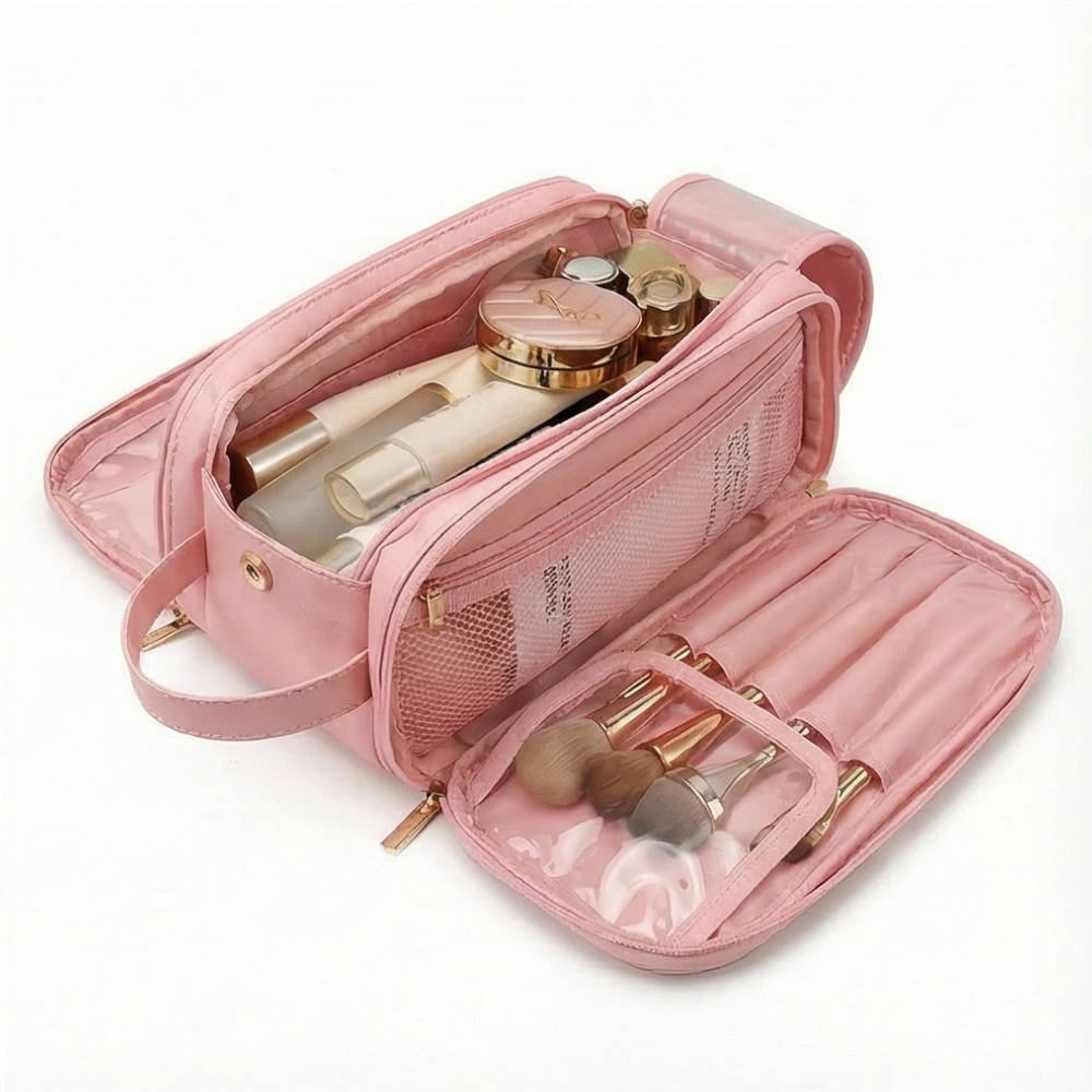 Makeup Organizer Bag – Waterproof PU Leather, 16 Brush Slots & 28×16.5cm