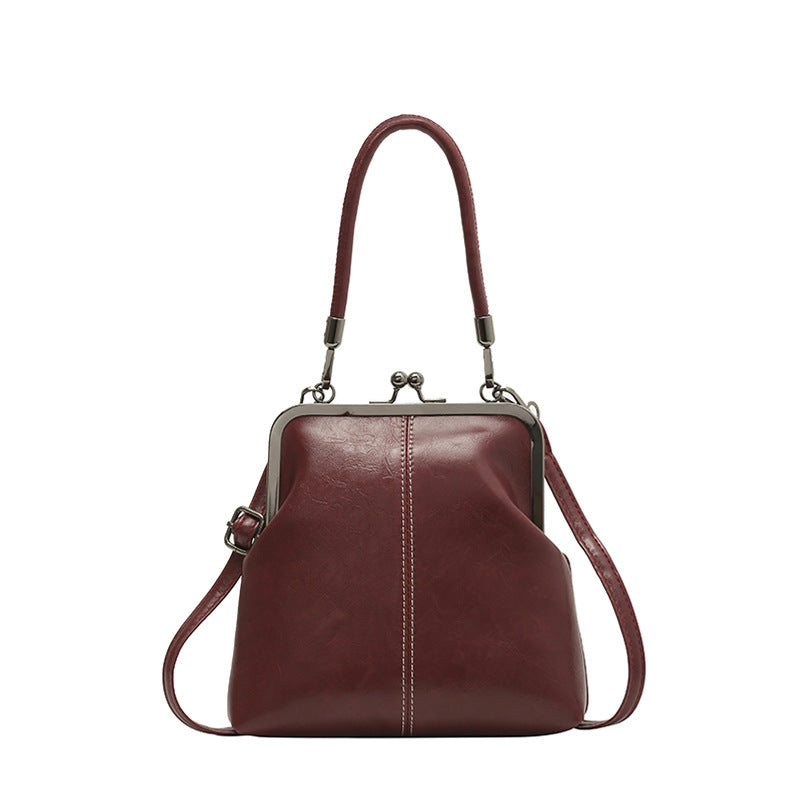 Vintage Kiss-Lock Handbag – Women's, Faux Leather & Detachable Crossbody Strap