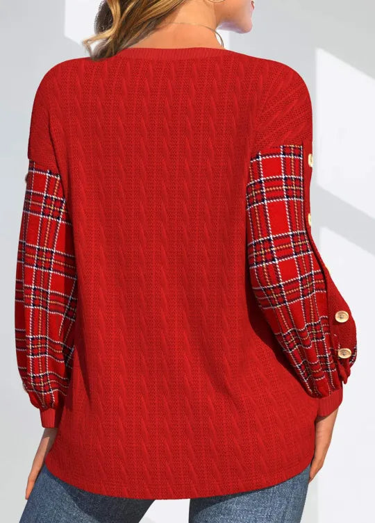 Enhanced Product Title: "Ida Red Sweater with Checkered Sleeves - Stylish Women's Pullover" 

This optimized title includes relevant keywords for better visibility on Google Shopping while clearly describing the product.