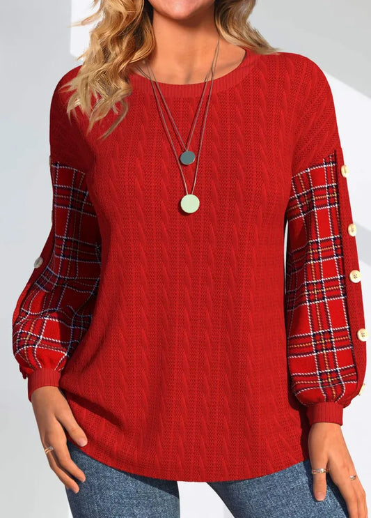 Ida Red Sweater with Checkered Sleeves - Stylish Women's Pullover
