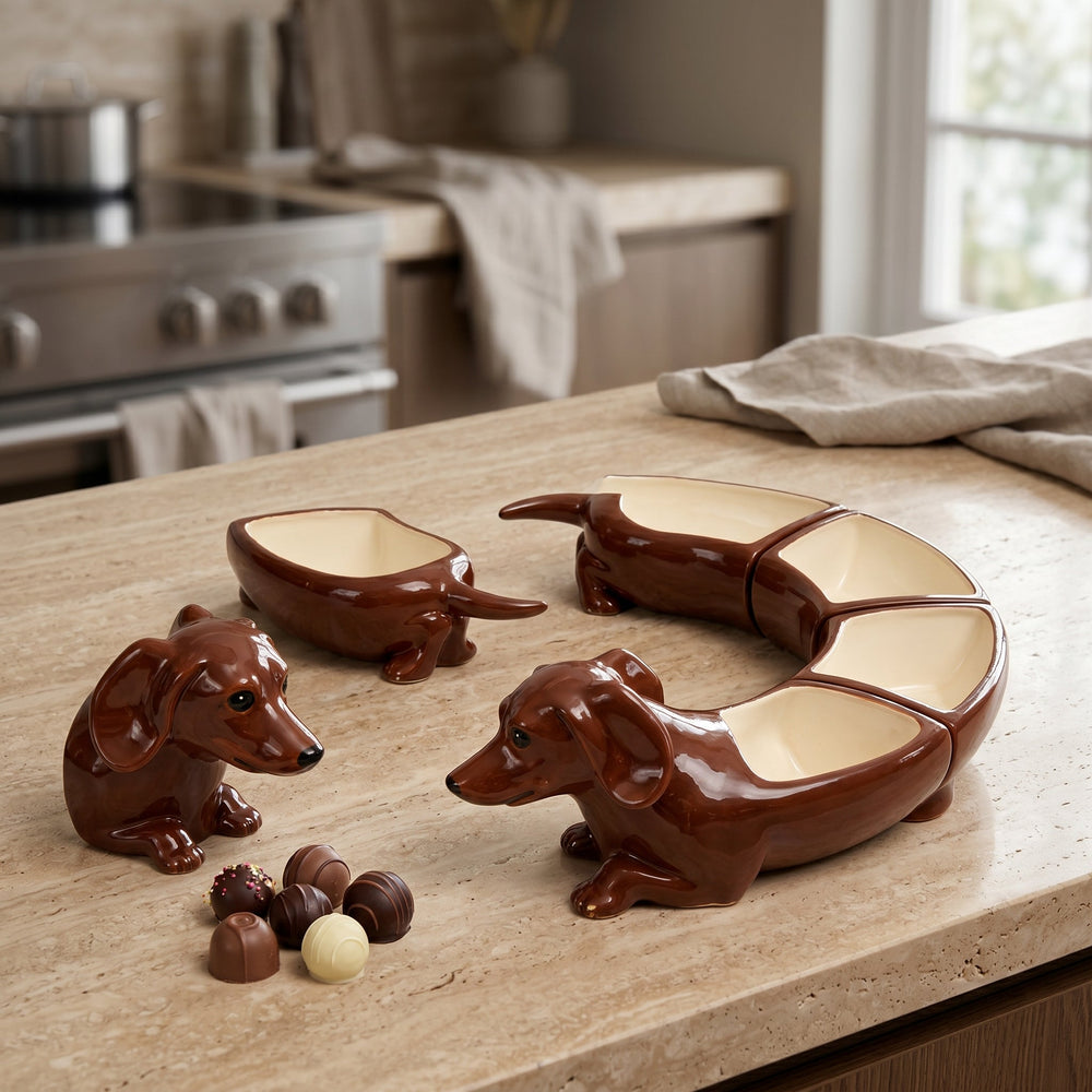 Ceramic Dachshund Snack Bowl Set – 5 Pieces, Glazed Ceramic & 25cm Diameter