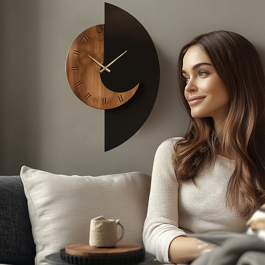 Wooden Wall Clock – Half-Moon Shape, Silent Quartz Movement & Battery Operated