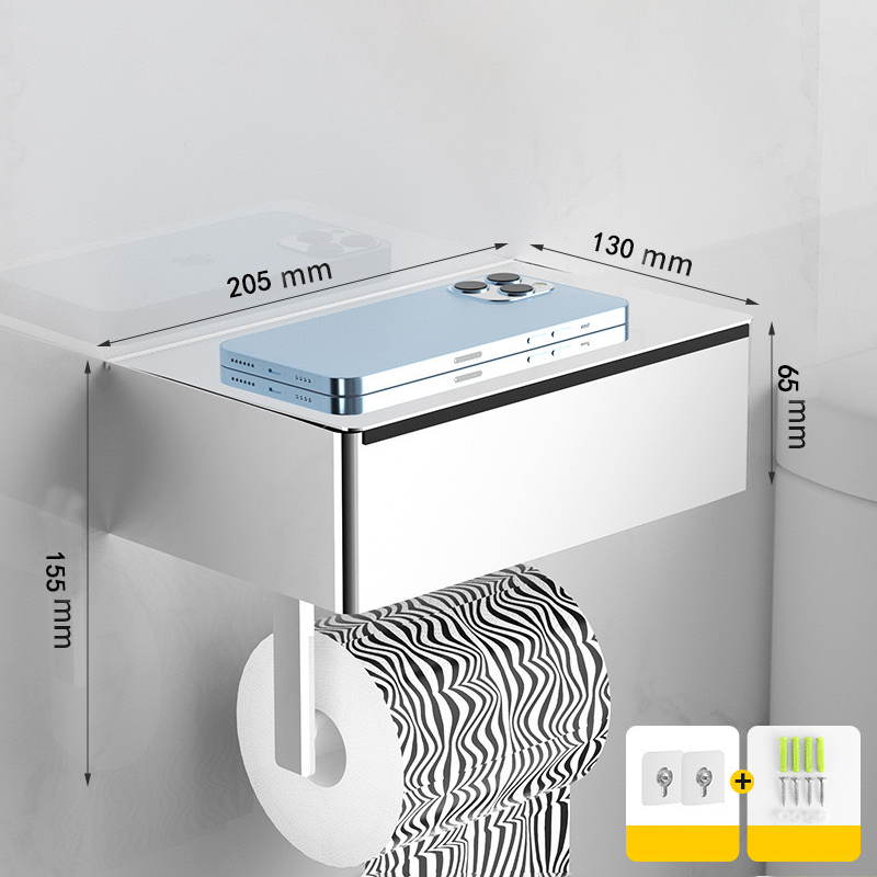 No-Drill Toilet Paper Holder – Stainless Steel, Phone Shelf & Adhesive Mount