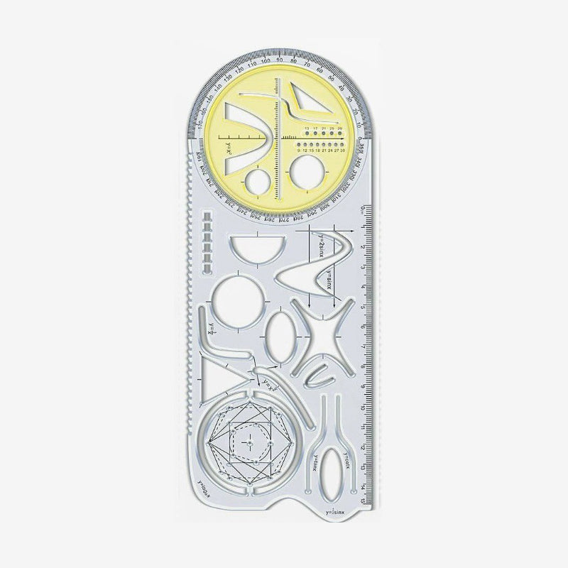 Geometry Ruler with Protractor – Transparent PP, Rotating Angle & Shape Stencils