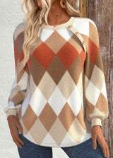 Enhanced Product Title: "Kariertes Strick-Sign mit Knopfdetail – Stylischer Pullover für Damen" 

This title includes relevant keywords while providing a clear description of the product, making it more appealing for Google Shopping.