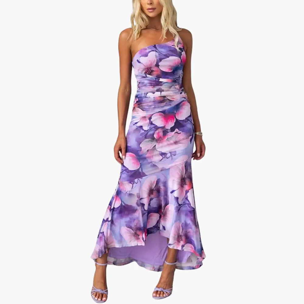 Women's Floral Maxi Dress – One-Shoulder, Asymmetrical Hem & Lightweight Fabric
