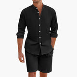 Men's Linen Blend Two-Piece Set – Long Sleeve Shirt & Shorts