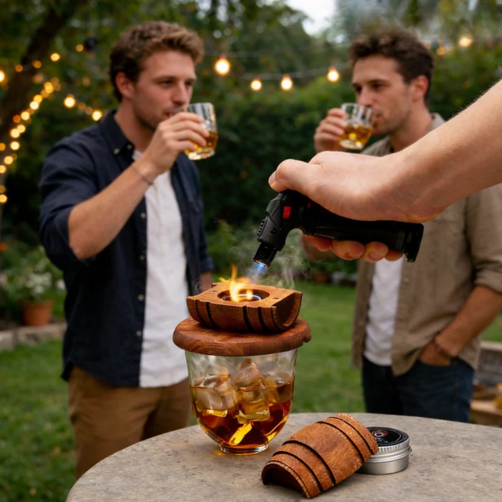 Cocktail Smoker Kit – Whiskey Barrel Design, Solid Wood & Stainless Steel Bowl