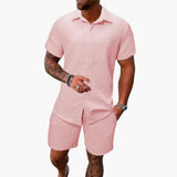 Men's Jacquard Shirt Set – Cotton Blend, Short Sleeve & Matching Shorts