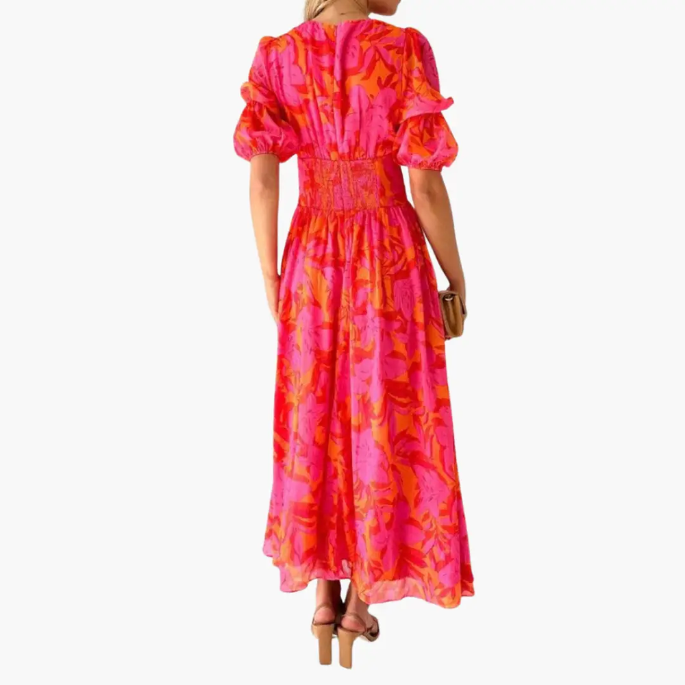 Women's Maxi Party Dress – V-Neck, Puff Sleeve & Flowing Fabric