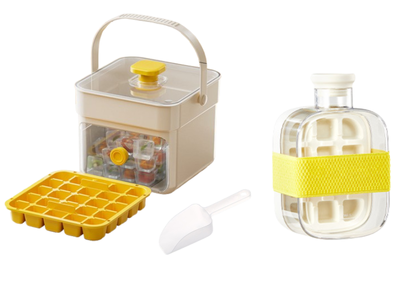 Push-Button Ice Cube Tray – BPA-Free PET/PP, Storage Bin & Ice Scoop
