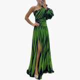 Women's Striped Maxi Dress – One-Shoulder Design, Side Slit & Elegant Fit