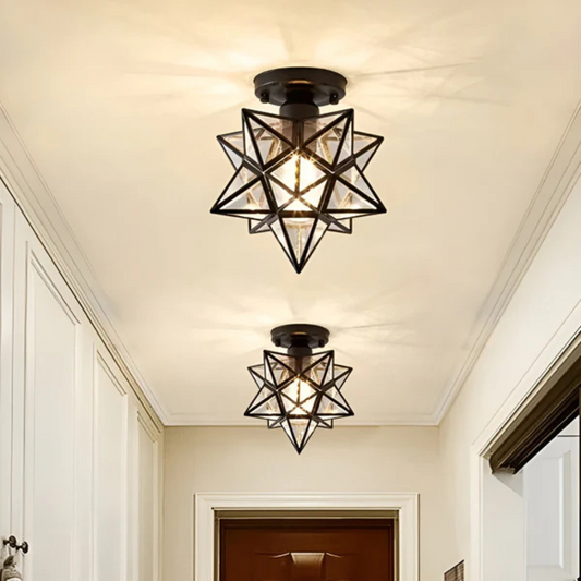 Xelio LED Ceiling Lamp – Geometric Star Design, Metal-Glass Finish & Warm Glow