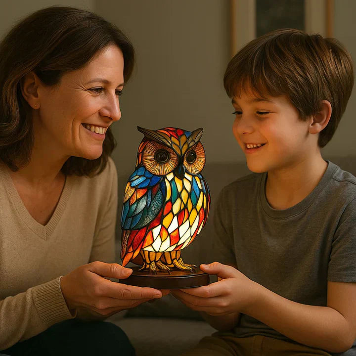 Stained Glass Owl Table Lamp – Handmade, Warm LED & Living Room Decor
