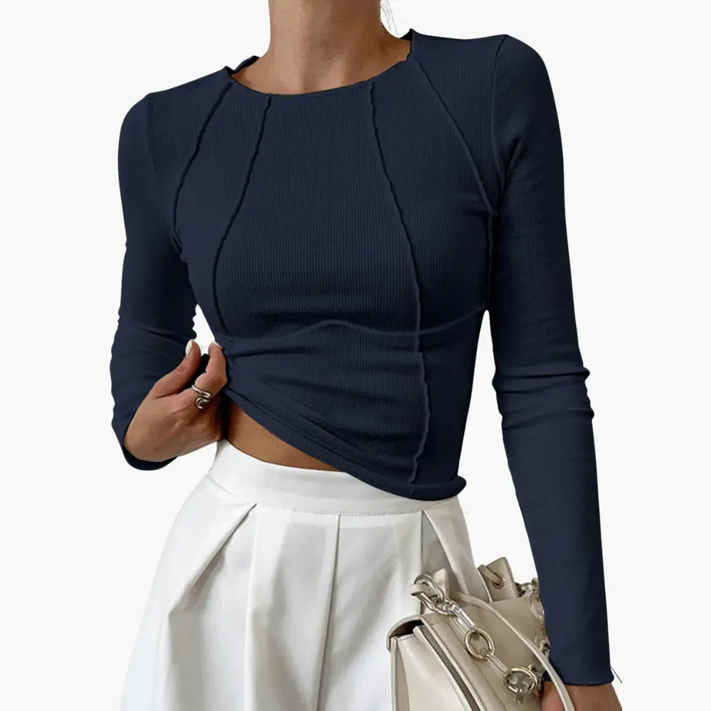 Women's Ribbed Top – Long Sleeve, Figure-Hugging Fit & Elegant Piping