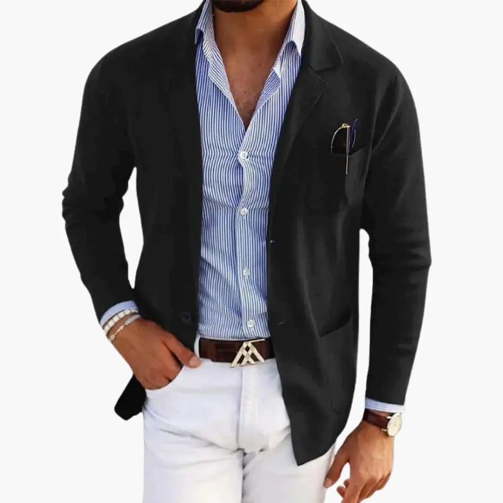 Men's Knit Blazer – Lapel Collar, Front Closure & Long Sleeve
