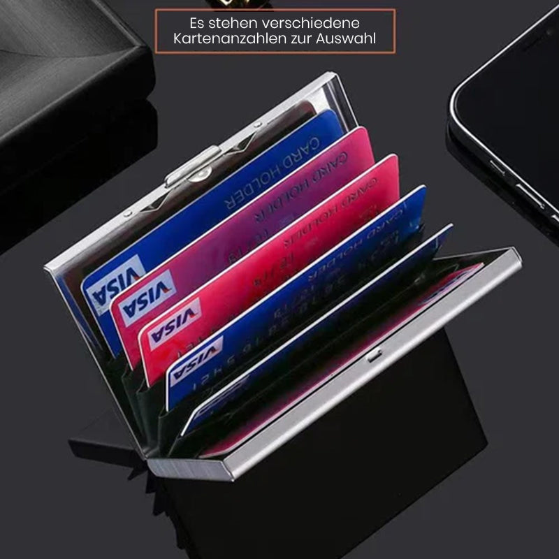 RFID-Blocking Metal Card Holder – Holds 6 Cards, Slim Anti-Theft & Pop-Up Design