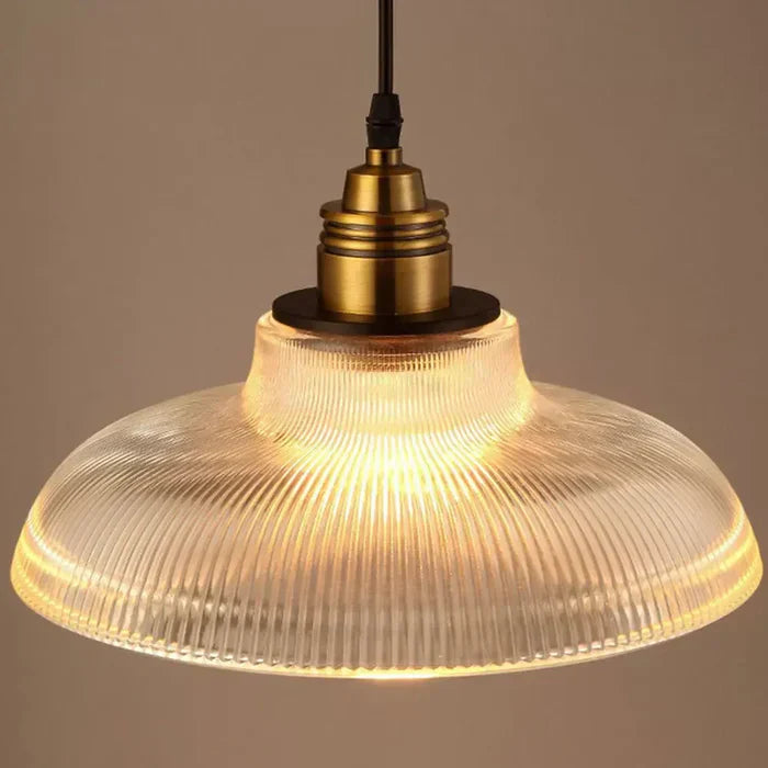 Ribbed Glass Pendant Light – Brass Finish, 30 cm Shade, E27 for Kitchen & Dining