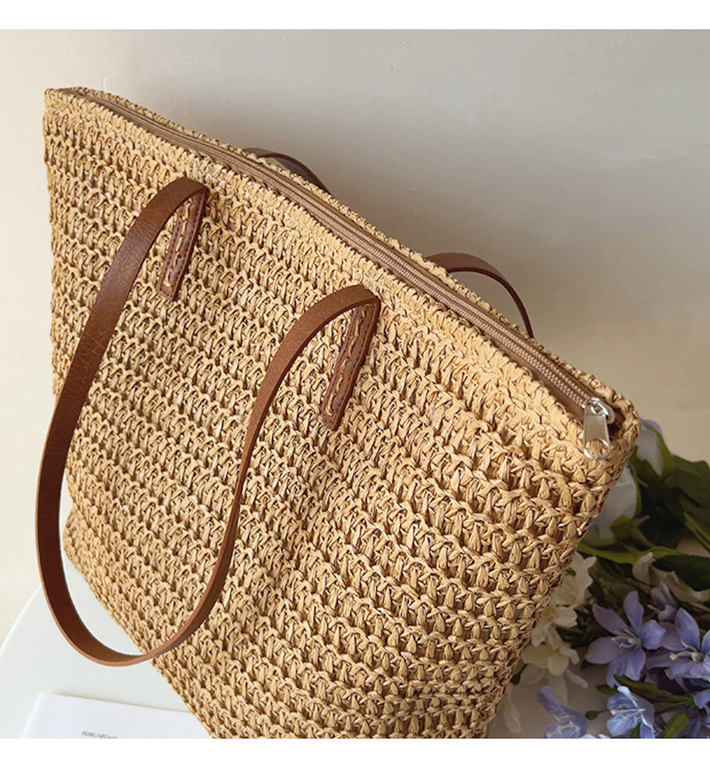 Woven Rattan Basket Bag – Leather Handles, 30×33cm & Women's Shopper Tote