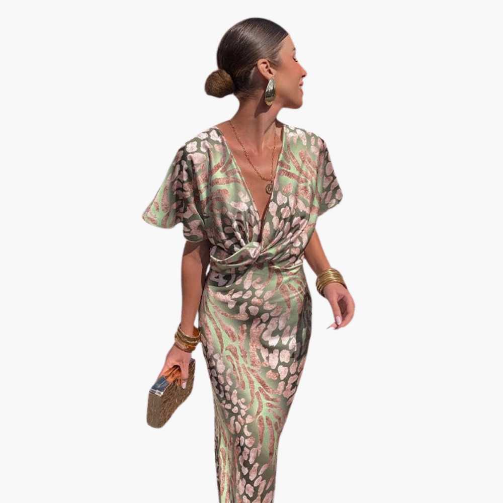 Women's Midi Dress – V-Neck & Knotted Front Detail