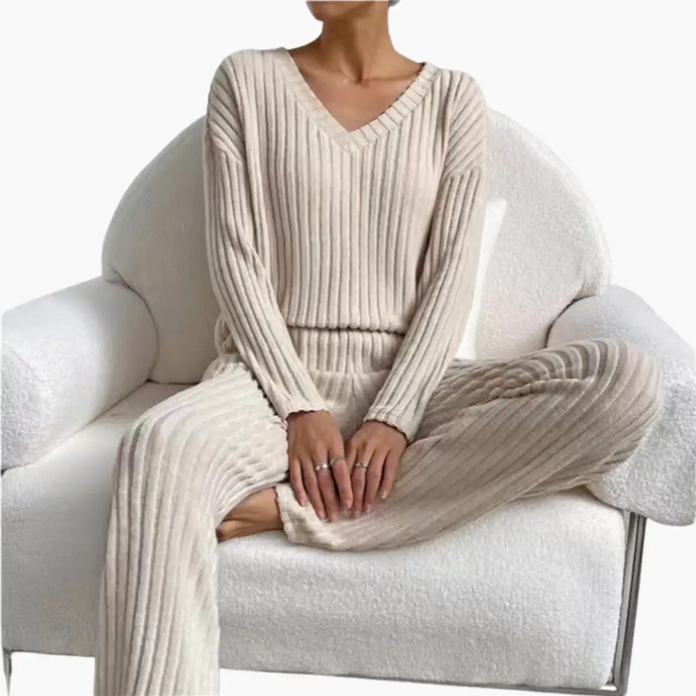 Women's Lounge Set – V-Neck, Ribbed Texture & Two-Piece