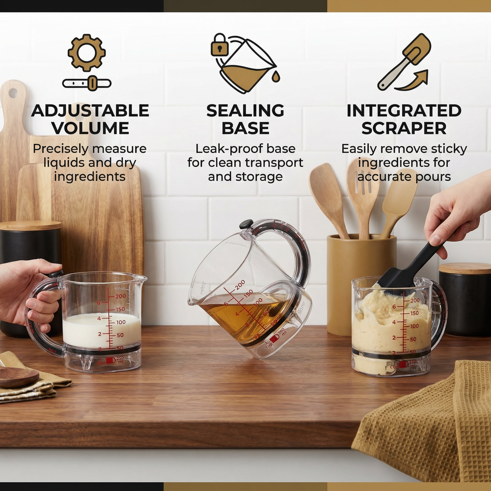 Adjustable Measuring Cup – Built-In Scraper, Non-Slip Base & Ergonomic Grip