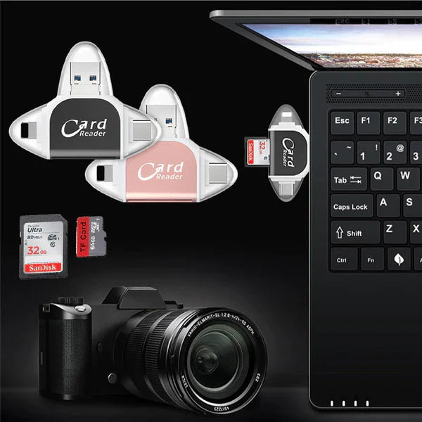 4-in-1 Memory Card Reader – USB, USB-C, Micro-USB & Lightning, SD & MicroSD