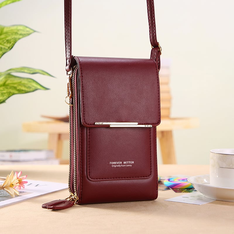 Phone Crossbody Bag with Touchscreen Window – Faux Leather, Card Slots, Fits to 16.5cm