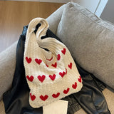 Knitted Shopping Tote Bag – Heart Pattern, Foldable & Lightweight
