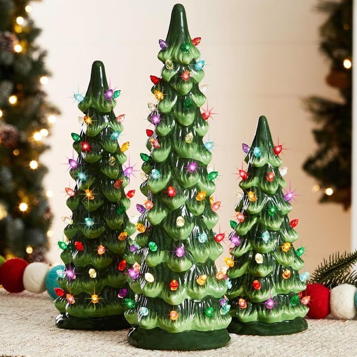 Hand-Painted Tabletop Christmas Trees with LED Lights – Decorative Set