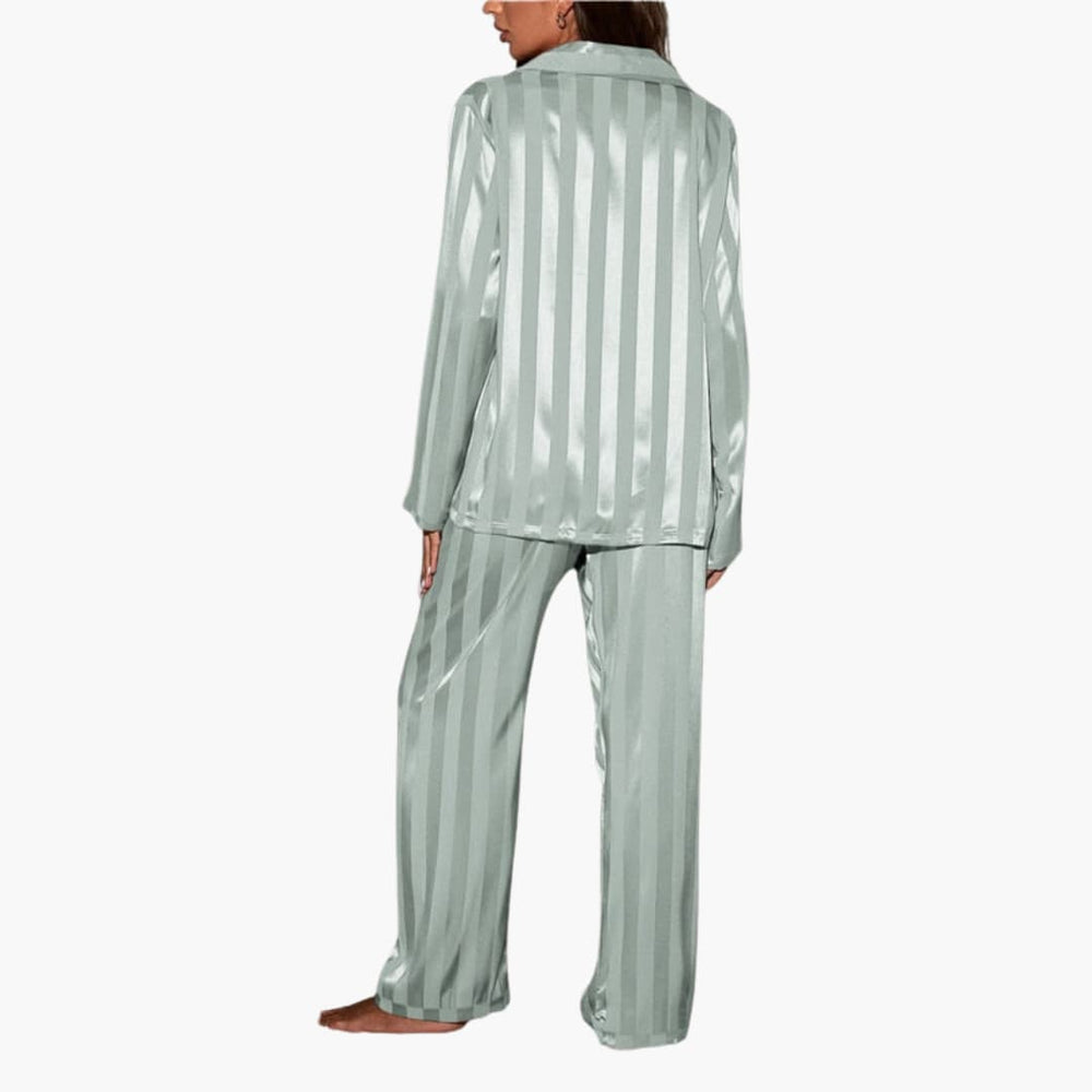 Women's Pajama Set – Satin, Button Top & Stripe Design