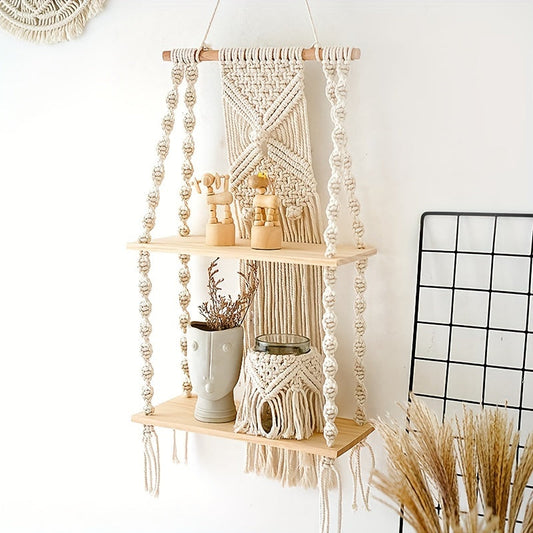 Wall Shelf – Boho Macrame Design, 2-Tier Storage & Natural Wood Build