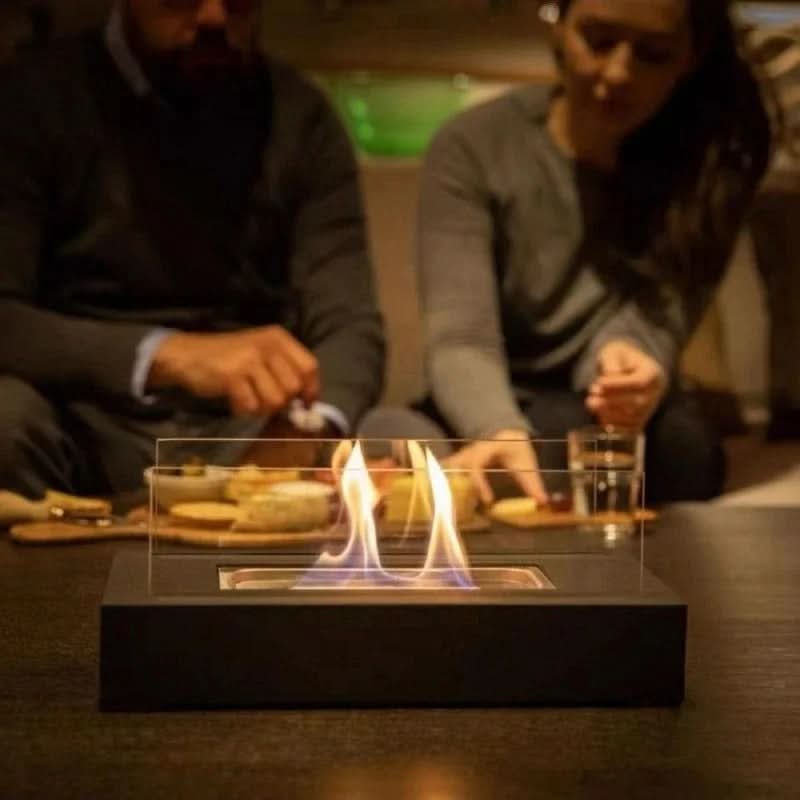 Bio-Ethanol Table Fireplace – Tempered Glass & Steel, 28×14×14 cm, Smokeless Flame