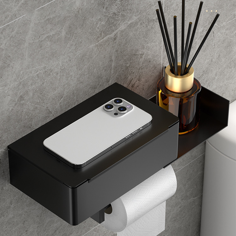 No-Drill Toilet Paper Holder – Stainless Steel, Phone Shelf & Adhesive Mount
