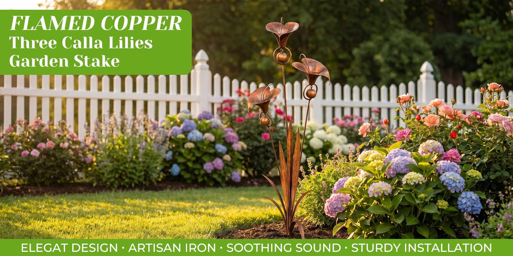 Copper Calla Lily Garden Stake – 61cm, Wind Chime Bells & Weatherproof Iron