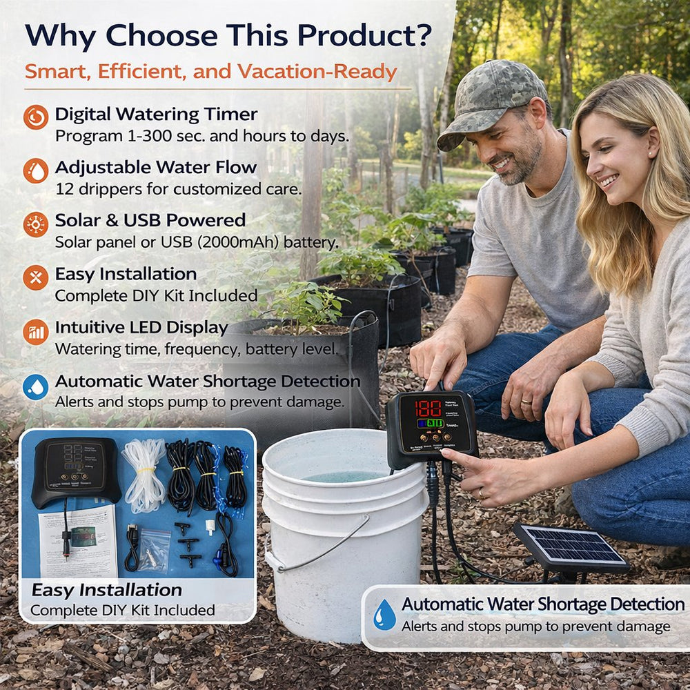Solar Drip Irrigation System – 12 Plants, Digital Timer & USB Battery Backup
