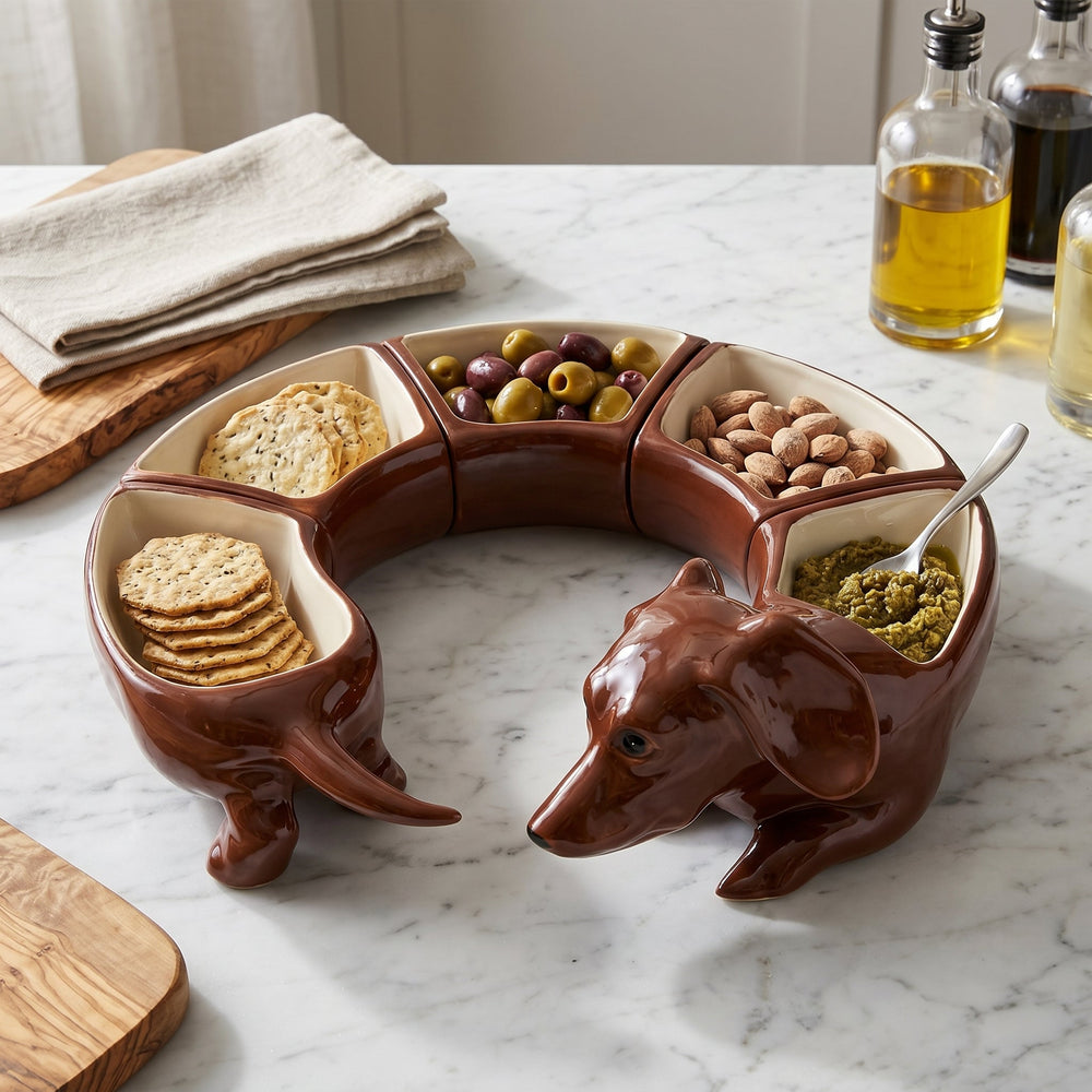 Ceramic Dachshund Snack Bowl Set – 5 Pieces, Glazed Ceramic & 25cm Diameter