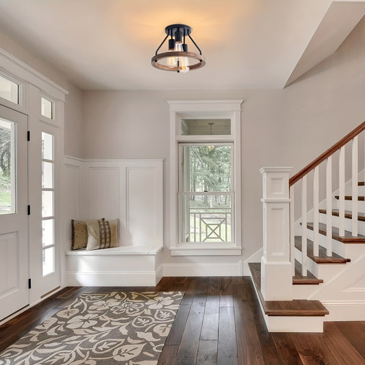 Wood Ring Ceiling Light – Industrial Style, 3-Light Design & Semi Flush Mount